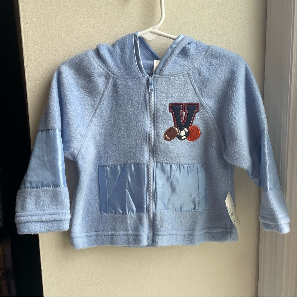 NWT VTG TUTI FRUITI BLUE FLEECE SPORTS APPLIQUÉ ZIP UP JACKET BOYS SZ 18 MONTHS